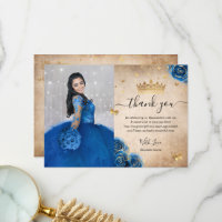 Koninklijk Blauw en Gouden Quinceañera Foto Verjaa