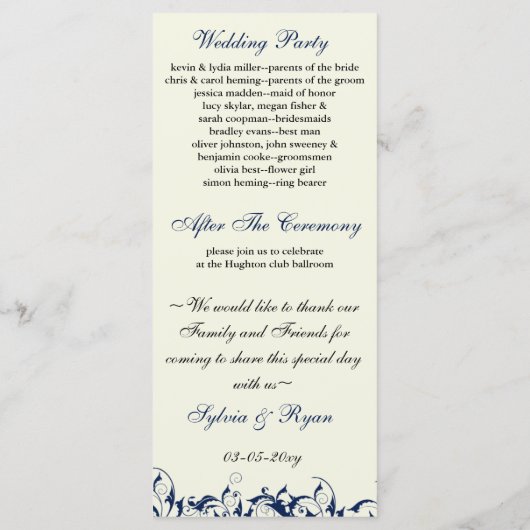 koninklijk blauw en ivoor bruiloft programma programmakaart (Achterkant)