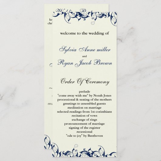 koninklijk blauw en ivoor bruiloft programma programmakaart (Voorkant / Achterkant)