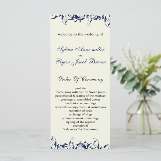 koninklijk blauw en ivoor bruiloft programma programmakaart (Staand voorkant)