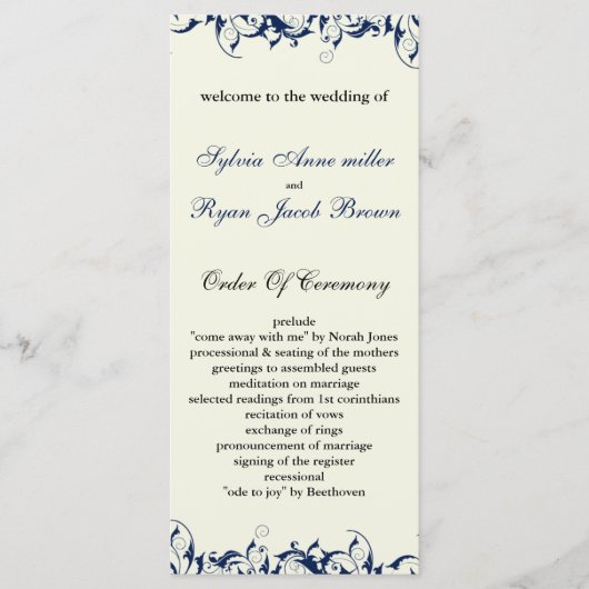 koninklijk blauw en ivoor bruiloft programma programmakaart (Voorkant)
