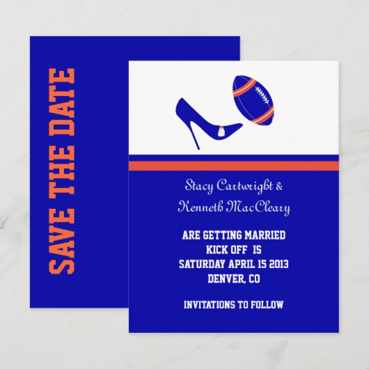 Koninklijk Blauw en Oranje Football sparen de Datu Save The Date (Voorkant / Achterkant)