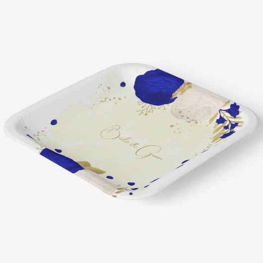 koninklijk blauw en wit bloemen goud papieren bordje (Gebogen)