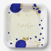 koninklijk blauw en wit bloemen goud papieren bordje (Voorkant)