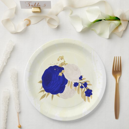 koninklijk blauw en wit bloemen goud papieren bordje (Huwelijk)