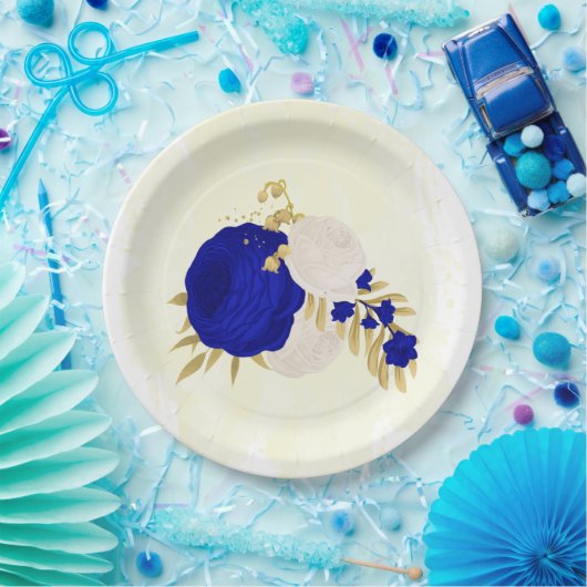 koninklijk blauw en wit bloemen goud papieren bordje (Feest)