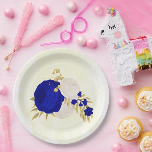 koninklijk blauw en wit bloemen goud papieren bordje (Feest)