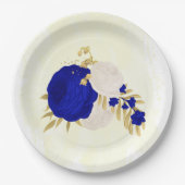 koninklijk blauw en wit bloemen goud papieren bordje (Voorkant)