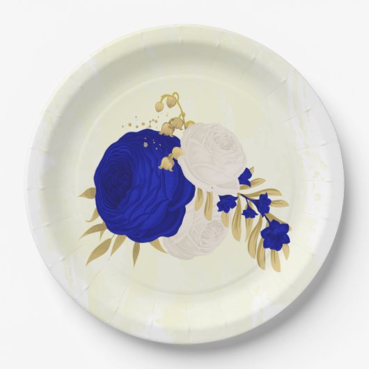 koninklijk blauw en wit bloemen goud papieren bordje (Voorkant)
