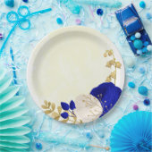 koninklijk blauw en wit bloemen goud papieren bordje (Feest)