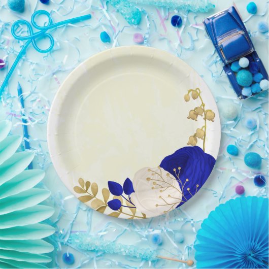 koninklijk blauw en wit bloemen goud papieren bordje (Feest)