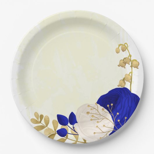 koninklijk blauw en wit bloemen goud papieren bordje (Voorkant)