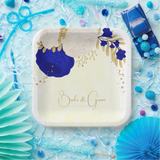 koninklijk blauw en wit bloemen goud papieren bordje (Feest)