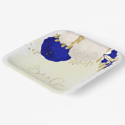 koninklijk blauw en wit bloemen goud papieren bordje (Gebogen)