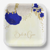 koninklijk blauw en wit bloemen goud papieren bordje (Voorkant)