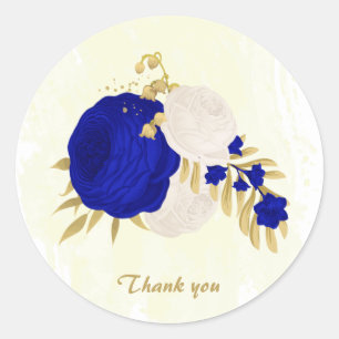 koninklijk blauw en wit bloemen goud ronde sticker