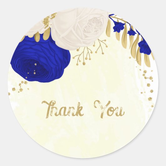 koninklijk blauw en wit bloemen goud ronde sticker (Voorkant)