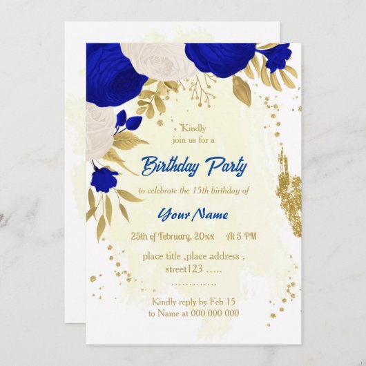 koninklijk blauw en wit bloemen gouden verjaardag kaart (Voorkant / Achterkant)