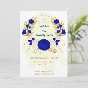 koninklijk blauw en wit bloemen gouden verjaardag kaart