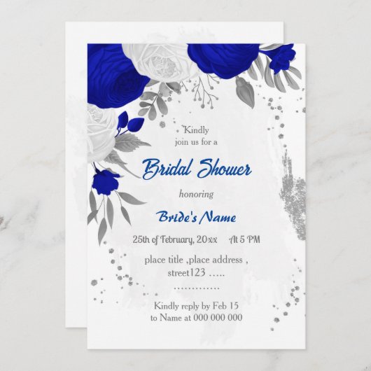 koninklijk blauw en wit bloemen zilver vrijgezelle kaart (Voorkant / Achterkant)