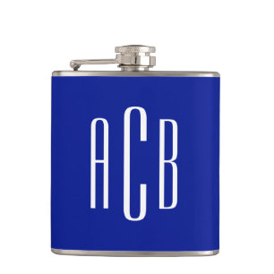 Koninklijk blauw en wit eenvoudige drie-lettermono heupfles