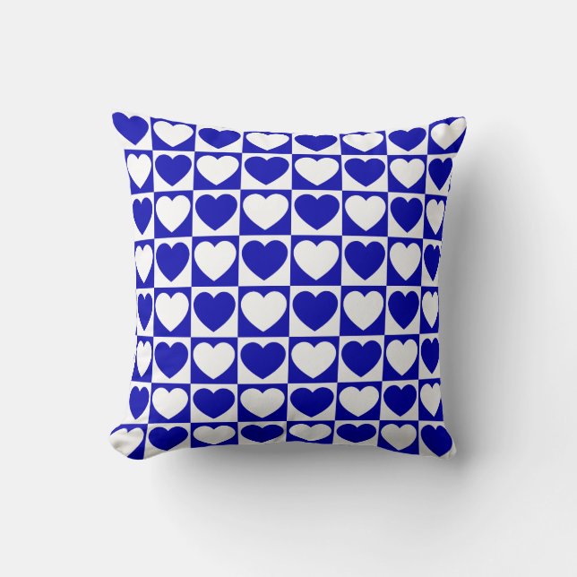 Koninklijk Blauw en Wit Geruit Patroon Met Harten Kussen (Voorkant)