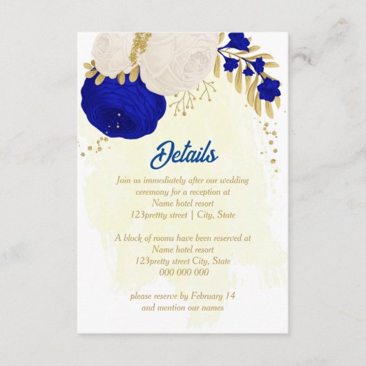 koninklijk blauw en witte bloemen gouden botanisch informatiekaartje (Voorkant)