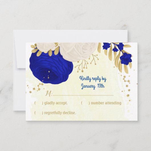 koninklijk blauw en witte bloemen gouden botanisch RSVP kaartje (Voorkant)