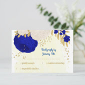 koninklijk blauw en witte bloemen gouden botanisch RSVP kaartje (Staand voorkant)
