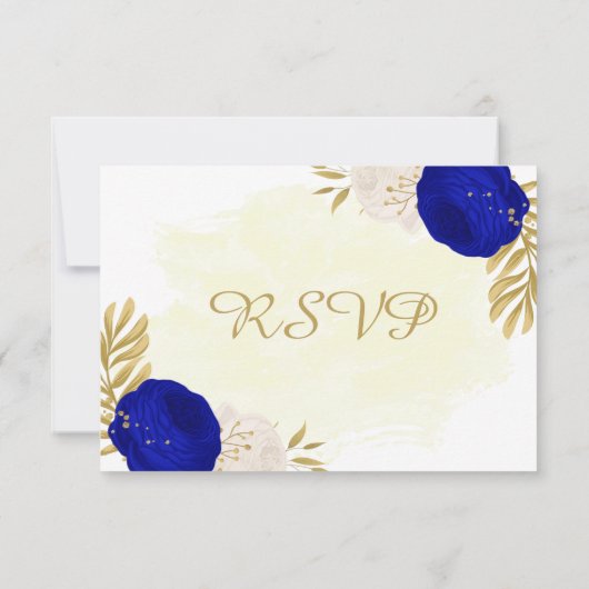 koninklijk blauw en witte bloemen gouden botanisch RSVP kaartje (Achterkant)