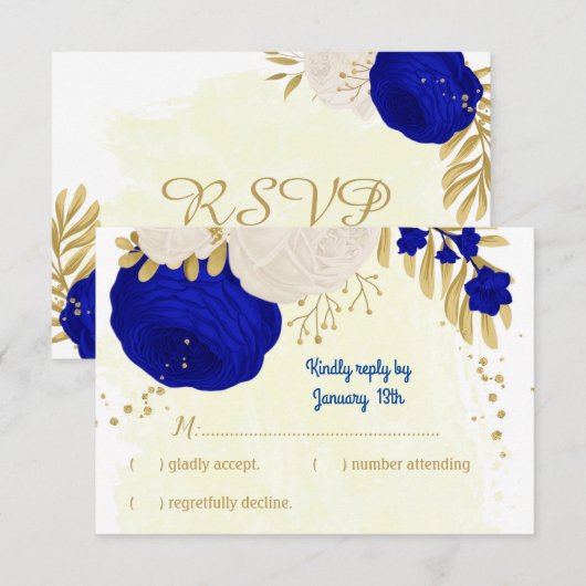 koninklijk blauw en witte bloemen gouden botanisch RSVP kaartje (Voorkant / Achterkant)