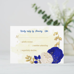 koninklijk blauw en witte bloemen gouden botanisch RSVP kaartje