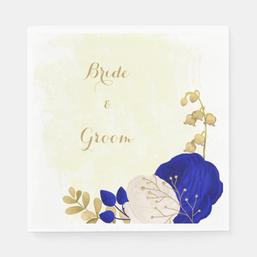 koninklijk blauw en witte bloemen gouden bruiloft servet (Voorkant)