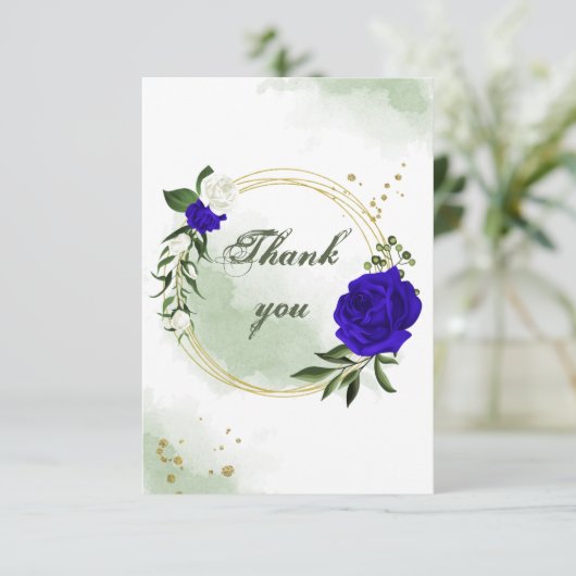 koninklijk blauw en witte bloemen groen goud bedankkaart (Staand voorkant)