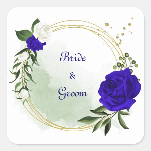 koninklijk blauw en witte bloemen groen goud vierkante sticker (Voorkant)