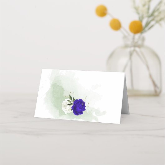 koninklijk blauw en witte bloemen groen plaatskaartje (Achterkant)