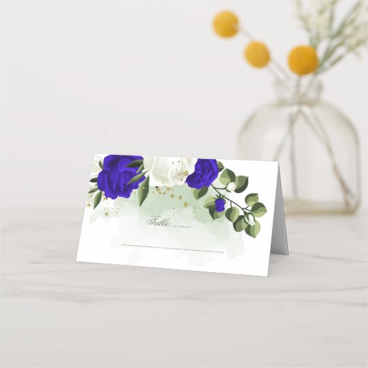 koninklijk blauw en witte bloemen groen plaatskaartje (Voorkant)
