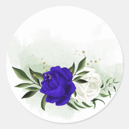 koninklijk blauw en witte bloemen groen ronde sticker (Voorkant)