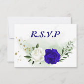 koninklijk blauw en witte bloemen groen RSVP kaartje (Achterkant)
