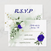 koninklijk blauw en witte bloemen groen RSVP kaartje (Voorkant / Achterkant)