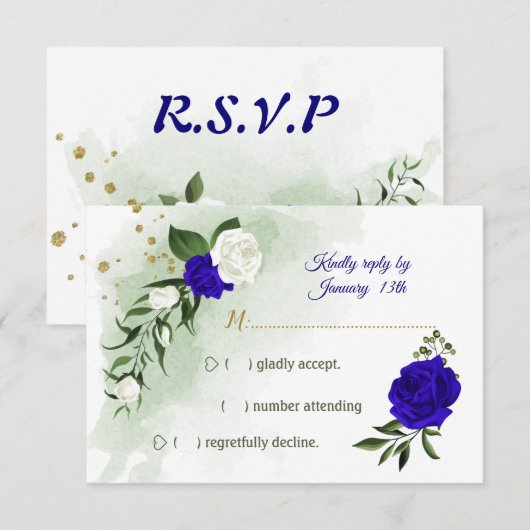 koninklijk blauw en witte bloemen groen RSVP kaartje (Voorkant / Achterkant)