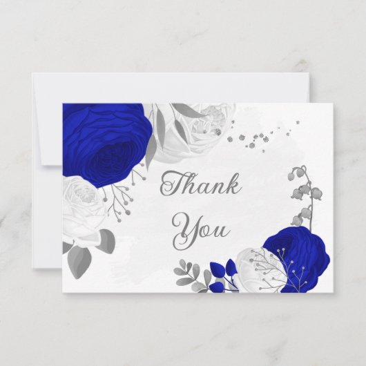 koninklijk blauw en witte bloemen zilver botanisch bedankkaart (Voorkant)