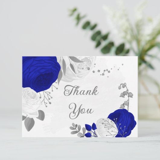 koninklijk blauw en witte bloemen zilver botanisch bedankkaart (Staand voorkant)