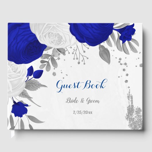 koninklijk blauw en witte bloemen zilver botanisch gastenboek (Voorkant)