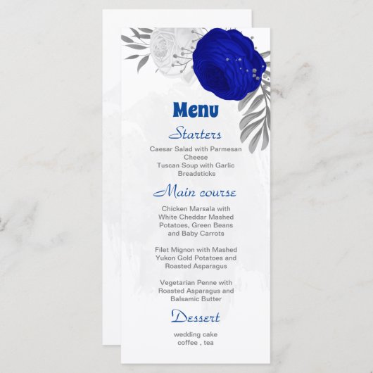 koninklijk blauw en witte bloemen zilver botanisch menu (Voorkant / Achterkant)