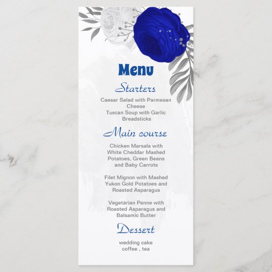 koninklijk blauw en witte bloemen zilver botanisch menu (Voorkant)