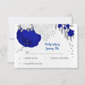 koninklijk blauw en witte bloemen zilver botanisch RSVP kaartje (Voorkant)