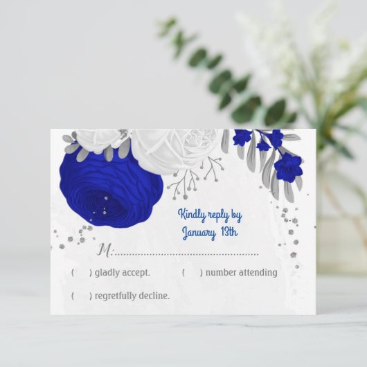 koninklijk blauw en witte bloemen zilver botanisch RSVP kaartje (Staand voorkant)