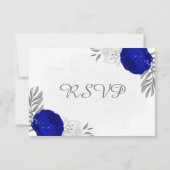 koninklijk blauw en witte bloemen zilver botanisch RSVP kaartje (Achterkant)