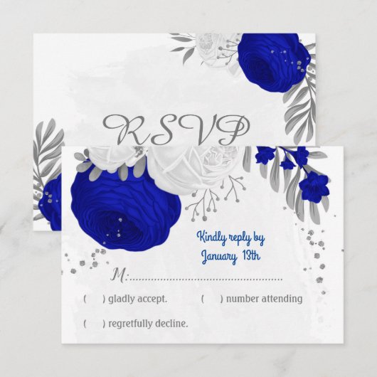 koninklijk blauw en witte bloemen zilver botanisch RSVP kaartje (Voorkant / Achterkant)